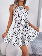 Halter Neck Printed Tie Waist Sleeveless Mini Dress