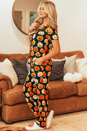 Pumpkin Printed Short Sleeve Top and Pants Lounge Set