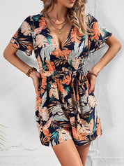 Honey Botanical Print Surplice Neck Tie Waist Romper