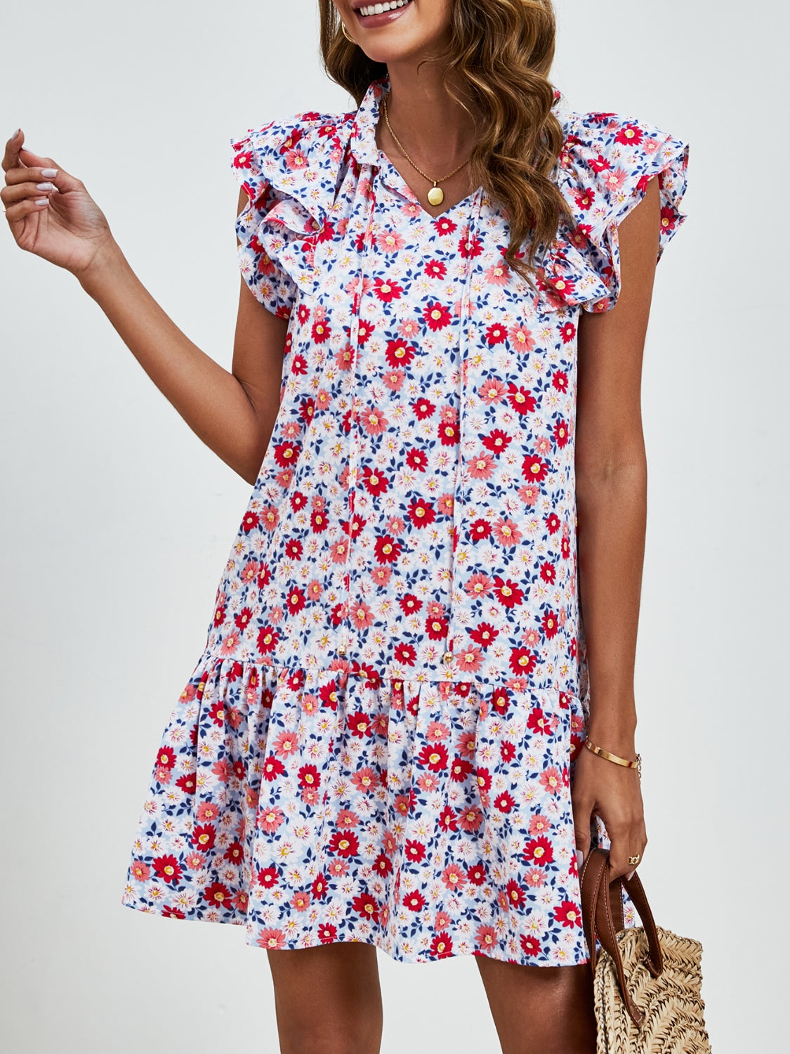 Tied Floral Cap Sleeve Mini Dress