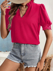 Lace Detail Notched Short Sleeve Top