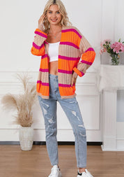 Contrast Striped Drop Shoulder Open Front Cardigan