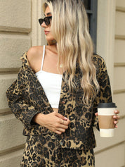 Pocketed Leopard Long Sleeve Denim Jacket