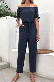 Perfee Off-Shoulder Tie Cuff Jumpsuit with Pockets