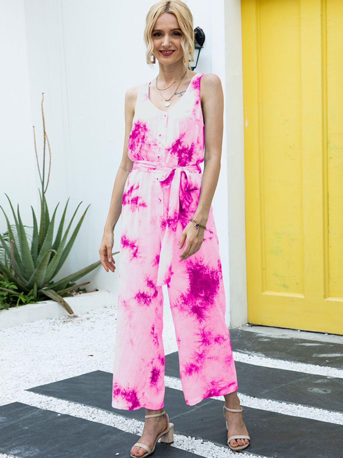 Ivy Lane Tie-Dye Tie Waist Sleeveless Jumpsuit