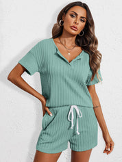 Notched Short Sleeve Top and Shorts Set