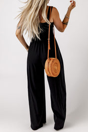 Smocked Square Neck Wide Leg Jumpsuit with Pockets