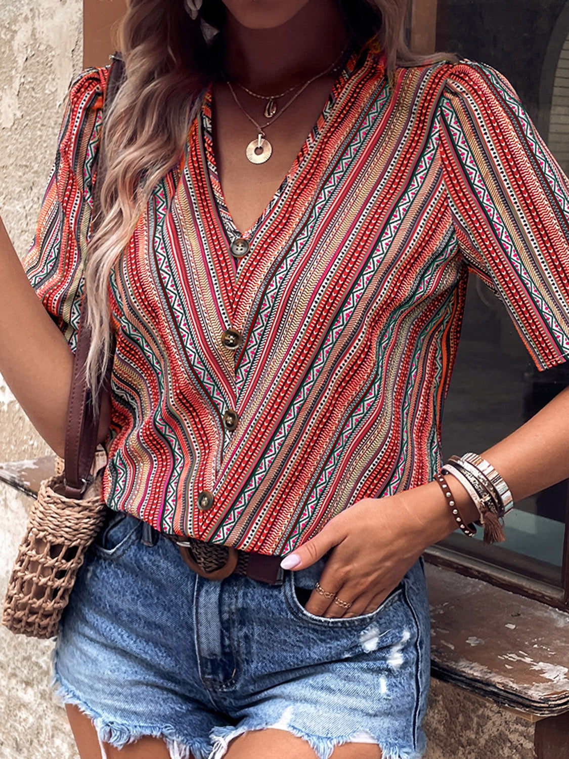 Shiny Printed V-Neck Button-Up Short Sleeve Top