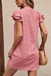 Honey Swiss Dot Notched Neck Flutter Sleeve Dress