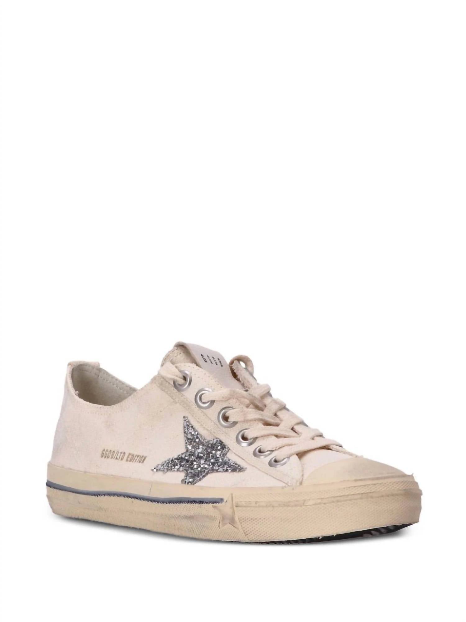 Women's V-Star Sneakers In Beige Canvas With Silver Glitter Star