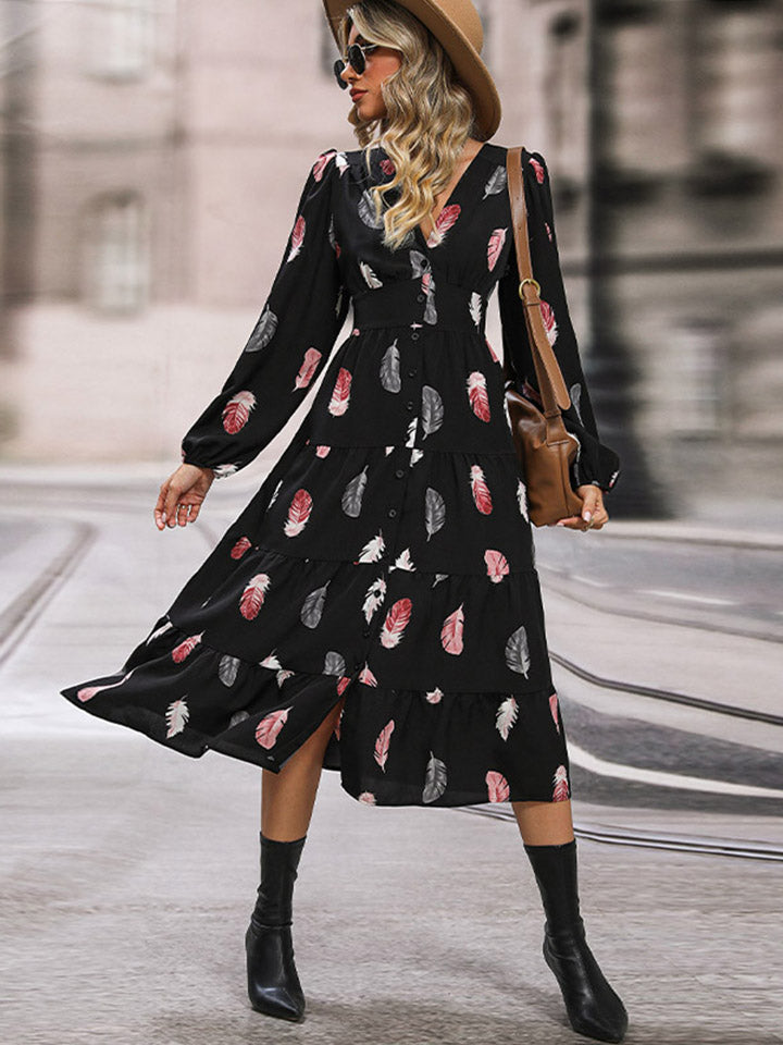 Perfee Printed V-Neck Slit Dress