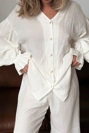 Breathable Ruffled V-Neck Long Sleeve Top and Pants Set