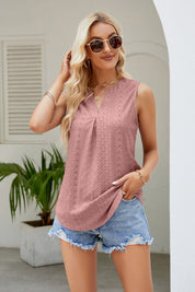 Notched Neck Curved Hem Eyelet Tank