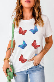 Sequin Butterfly Round Neck Short Sleeve T-Shirt