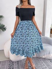 Printed Off-Shoulder Ruffle Hem Dress