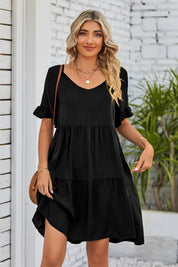 Mandy V-Neck Flounce Sleeve Tiered Dress