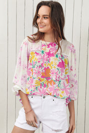 Floral Round Neck Flounce Sleeve Blouse