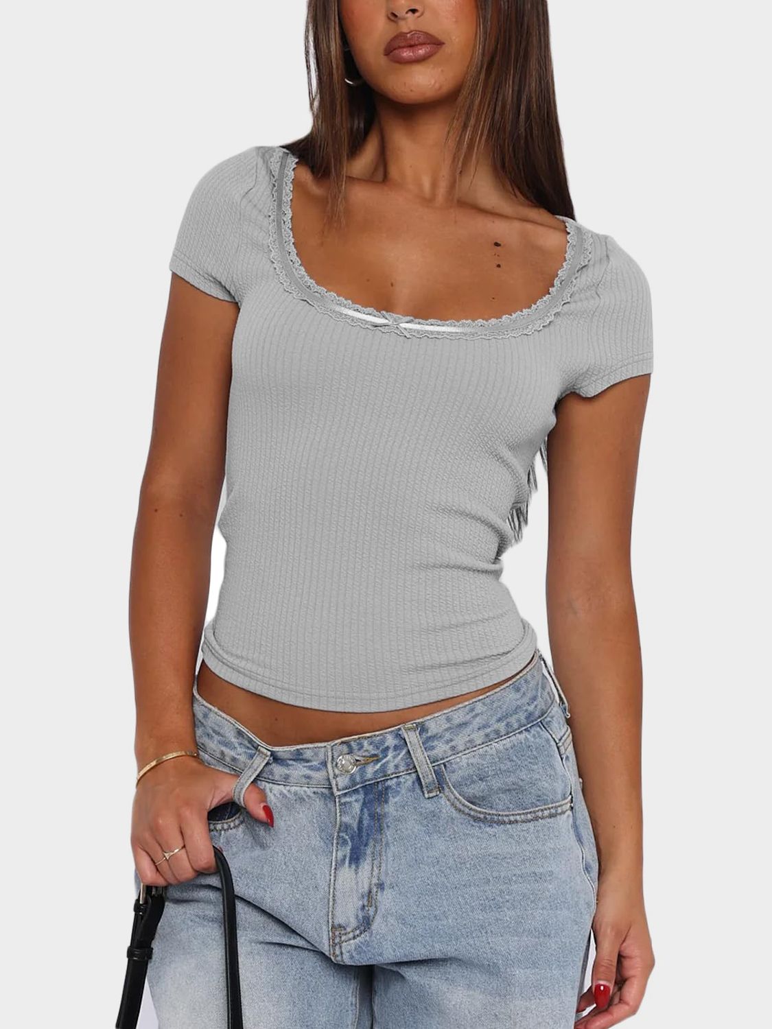 Lace Detail Scoop Neck Short Sleeve T-Shirt