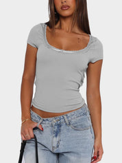 Lace Detail Scoop Neck Short Sleeve T-Shirt