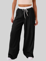 Contrast Waistband Drawstring Wide Leg Pants