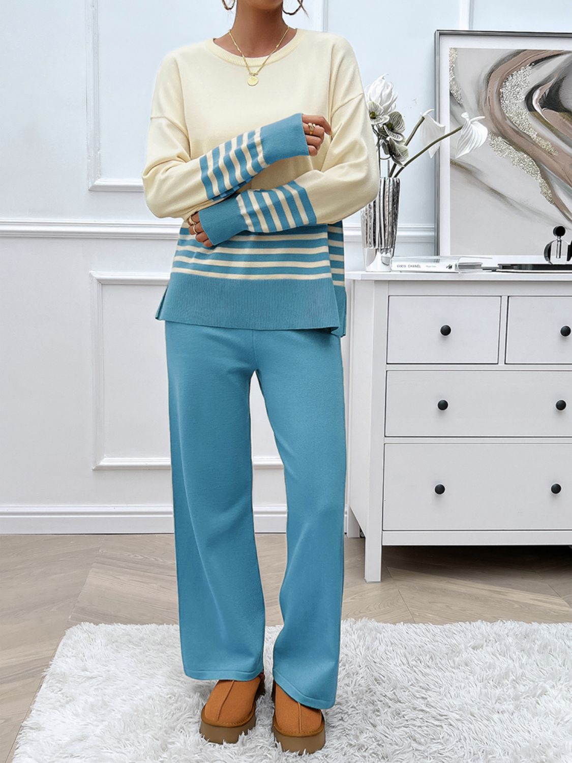 Devine Slit Striped Round Neck Top and Pants Sweater Set