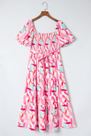 Printed Square Neck Tied Smocked Dress