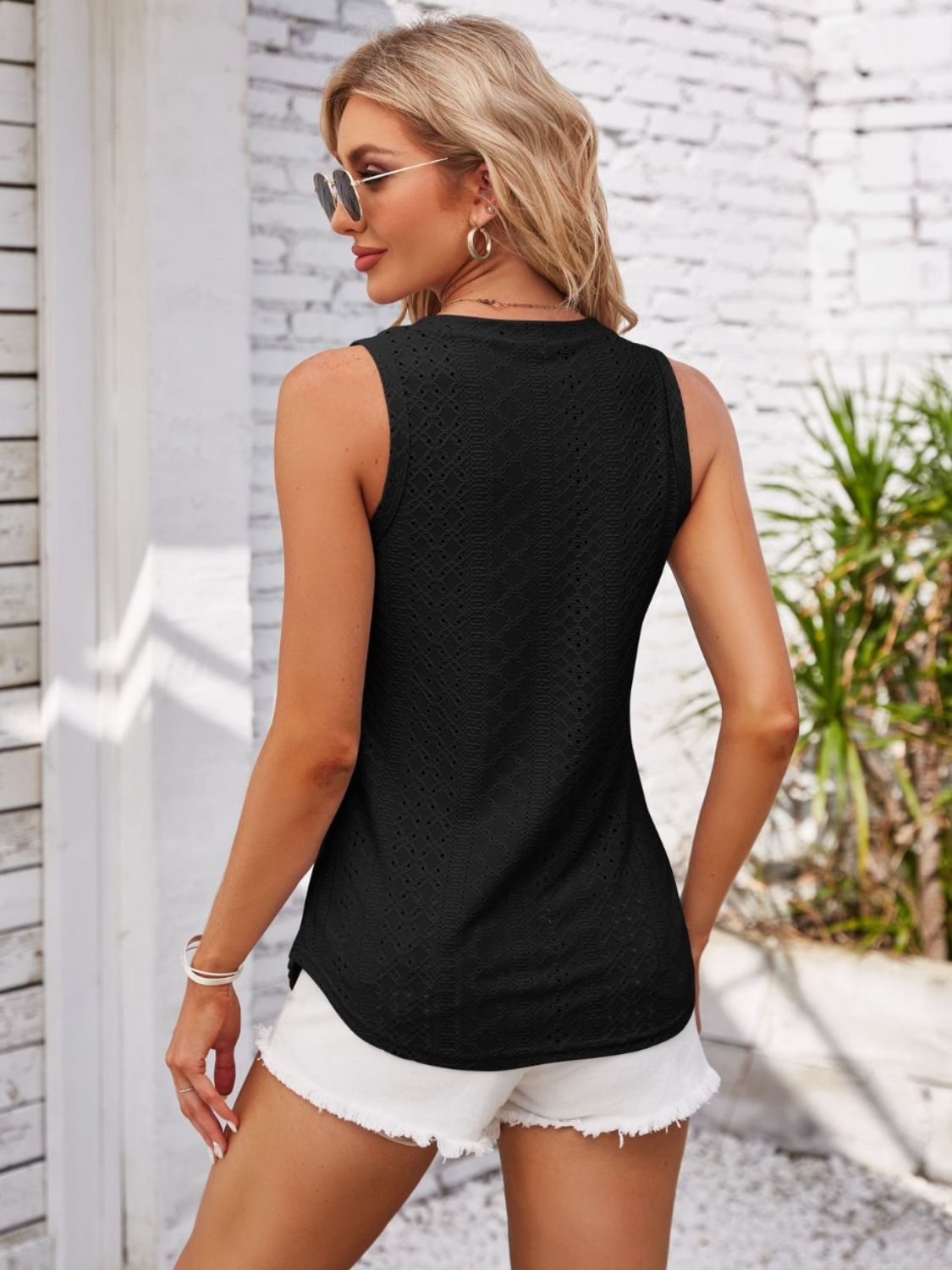 Eyelet Decorative Button V-Neck Tank