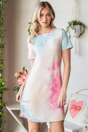 Tie-Dye Round Neck Short Sleeve Slit Dress