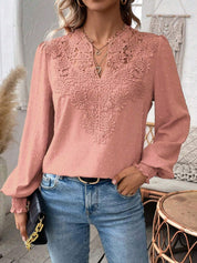 Swiss Dot Lace Detail Notched Long Sleeve Blouse