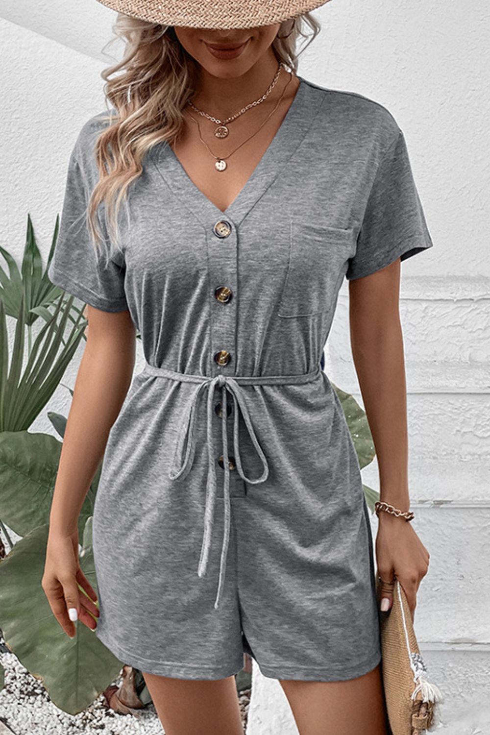 Perfee V-Neck Short Sleeve Tied Romper